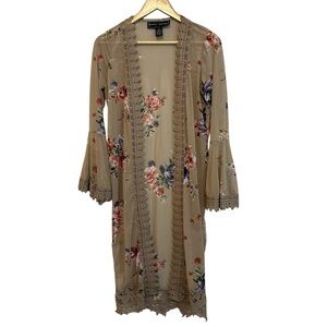 Women's XS Tan Crochet Lace Floral Open Front Cottagecore Kimono Long Top